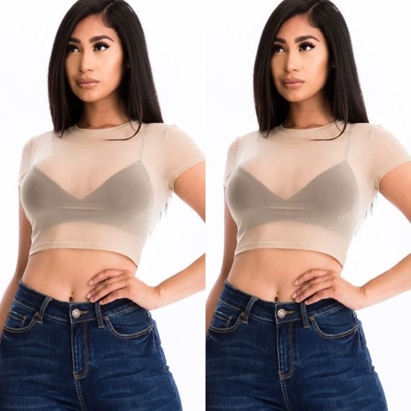 KHAKI CROPPED TOP SHORT SLEEVE SHEER MESH SHIRT - Picture 1 of 2